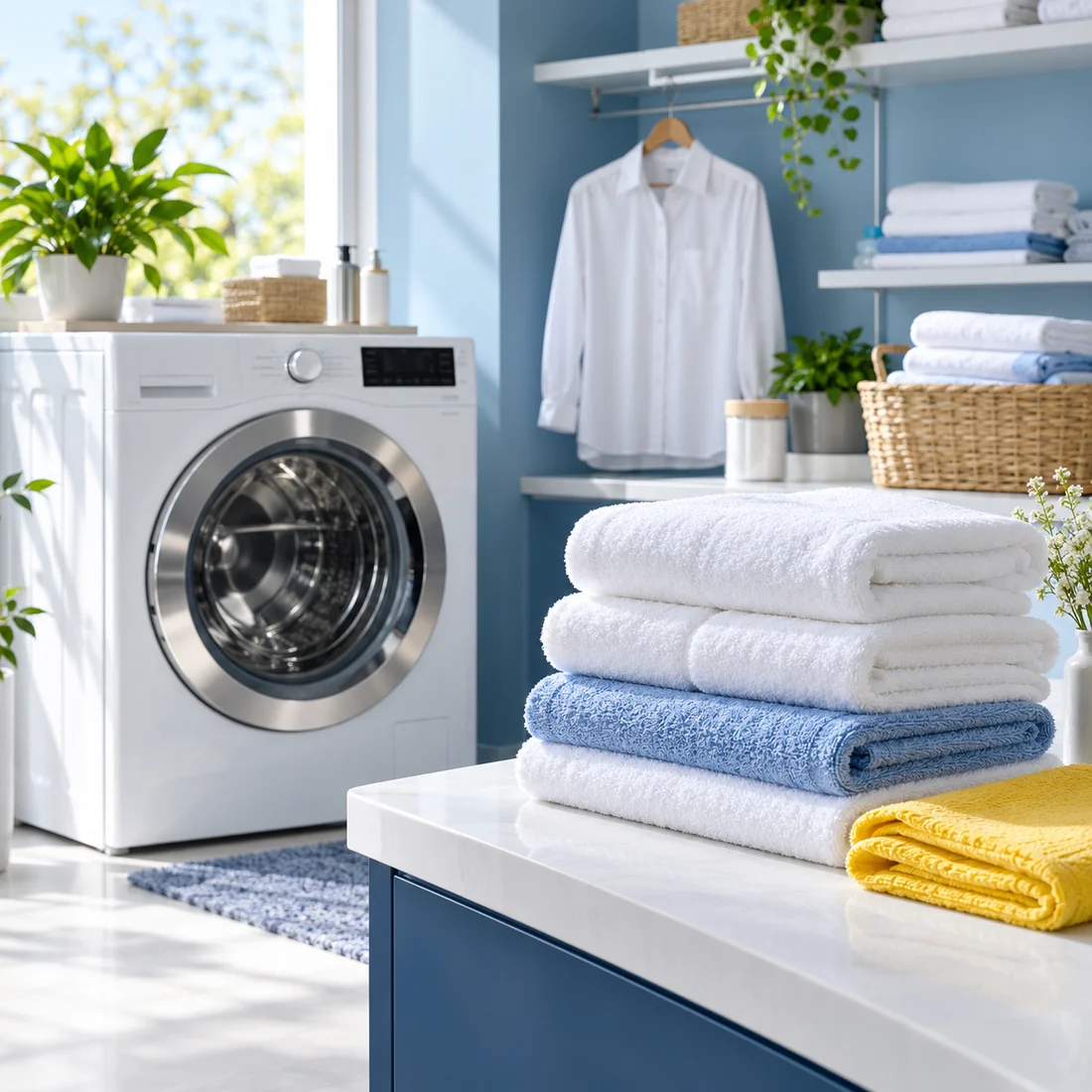 Fresh white and blue laundry, neatly folded towels and a washing machine in a bright laundry room